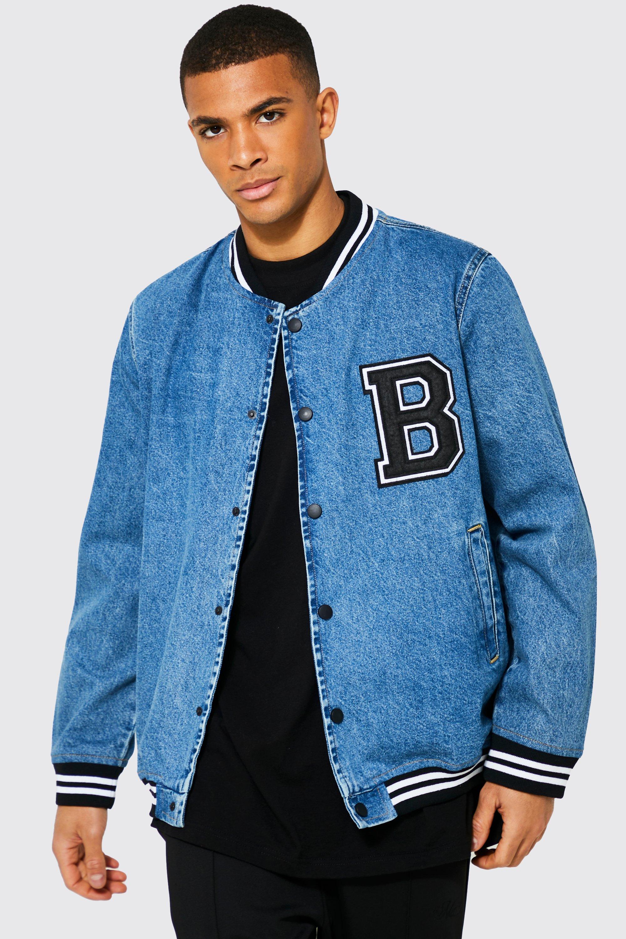 Oversized Denim Varsity Jacket | boohooMAN USA